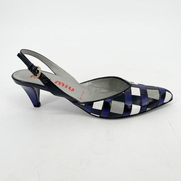 Miu Miu Vintage Black White Purple Woven Leather Slingback Kitten Heel IT 38.5 - Picture 2 of 10
